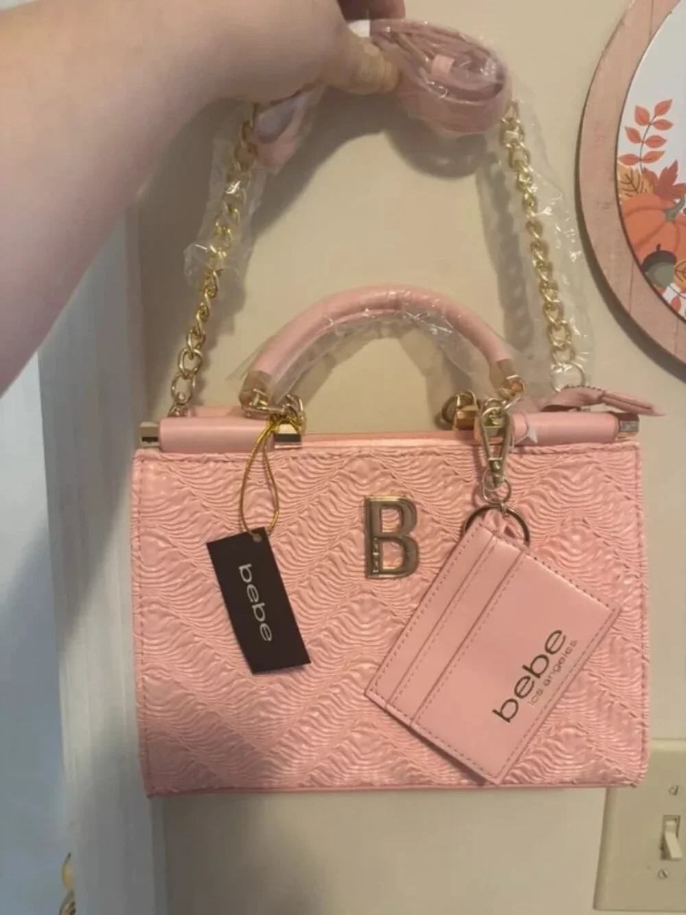 bebe Pink Quilted Textured Top-Handle Crossbody Bag with Gold Hardware